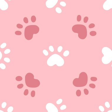 Pembe kedi pürüzsüz desen. Miyav ve kedi patileri arka plan vektör çizimi. Bebek bezi baskısı için tatlı pastel karakter..