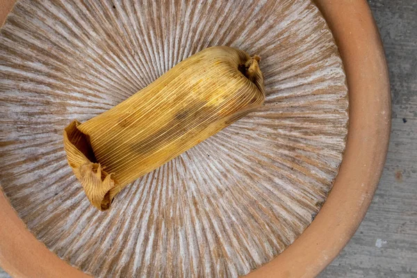 メキシコのオアハカでタマレスを食べる タマルはマサでモグラと鶏をコーン殻に包まれています — ストック写真