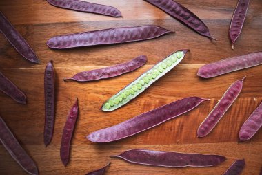 Guaje tohumları Oaxaca, Meksika 'da bir ahşap masaya saçılmış..