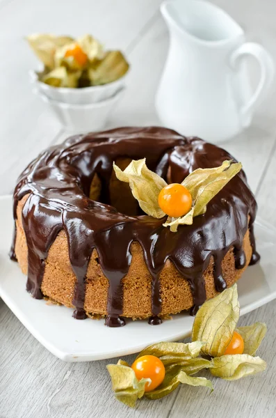 Kuchen mit flüssiger Schokolade glasiert und mit Winterkorn dekoriert — Stockfoto