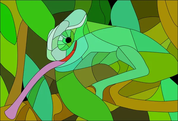 Orman - vektör çizim yeşil bukalemun desenle vitray