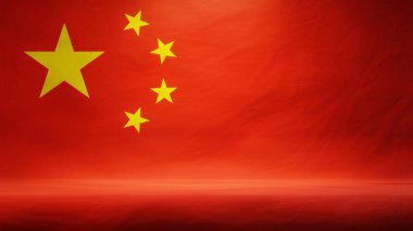 Sunum ya da ürün sergisi için Çin bayrağıyla donatılmış stüdyo arkaplanı. 3B görüntüleme