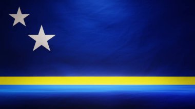 Sunum ya da ürün sergisi için Curacao bayrağıyla donatılmış stüdyo arkaplanı. 3B görüntüleme
