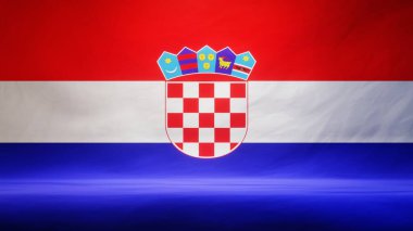 Hırvatistan 'ın sunum veya ürün sergisi için örtülü bayrağıyla donatılmış stüdyo arkaplanı. 3B görüntüleme
