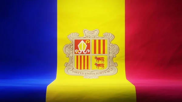 Estúdio Com Bandeira Drapeada Andorra Para Apresentação Exibição Produto Renderização — Fotografia de Stock