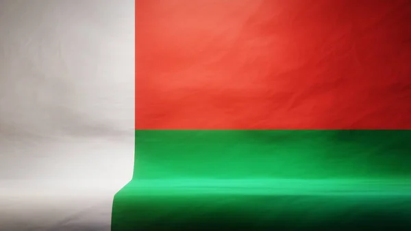 Studio Tło Zasłoniętą Flagą Madagaskaru Prezentacji Lub Wyświetlania Produktu Renderowanie — Zdjęcie stockowe