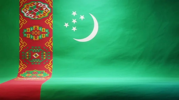 Stúdió Háttér Draped Zászló Türkmenisztán Prezentáció Vagy Termék Megjelenítése Renderelés — Stock Fotó