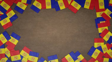 Andorra 'nın kağıt bayraklarından yapılmış çerçeve ahşap masaya dizilmiş. Ulusal kutlama konsepti. 3B illüstrasyon
