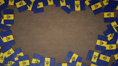 Ahşap masaya yerleştirilmiş Barbados 'un kağıt bayraklarından yapılmış çerçeve. Ulusal kutlama konsepti. 3B illüstrasyon