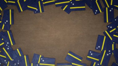Tahta masaya konmuş Curacao bayraklarından yapılmış bir çerçeve. Ulusal kutlama konsepti. 3B illüstrasyon