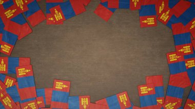 Ahşap masaya dizilmiş Moğolistan kağıt bayraklarından yapılmış çerçeve. Ulusal kutlama konsepti. 3B illüstrasyon