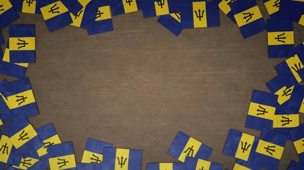 Ahşap masaya yerleştirilmiş Barbados 'un kağıt bayraklarından yapılmış çerçeve. Ulusal kutlama konsepti. 3B illüstrasyon