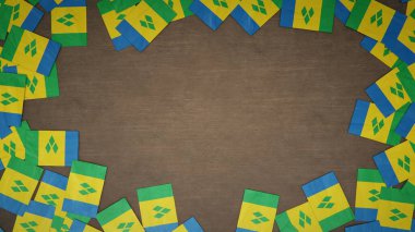 Aziz Vincent 'in bayraklarından yapılmış bir çerçeve ve ahşap masaya dizilmiş Grenadinler. Ulusal kutlama konsepti. 3B illüstrasyon