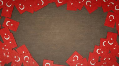 Ahşap masaya dizilmiş Türkiye 'nin kağıt bayraklarından yapılmış çerçeve. Ulusal kutlama konsepti. 3B illüstrasyon