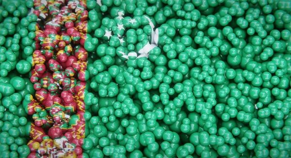 複数のボールやプラスチック製の泡で構成されたトルクメニスタンの抽象フラグ 概念的な旗のデザイン 3Dレンダリング — ストック写真