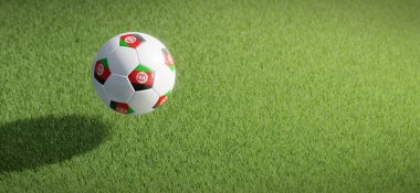 Futbol ya da futbol topu tasarımıyla Afganistan bayrağı çimen zeminine karşı. 3B görüntüleme