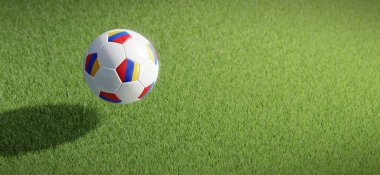 Futbol ya da futbol topu tasarımı Ermenistan bayrağıyla çimen zeminine karşı. 3B görüntüleme