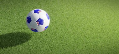 Futbol ya da futbol topu tasarımı Avustralya bayrağıyla çimen zeminine karşı. 3B görüntüleme