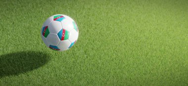 Futbol ya da futbol topu tasarımı Azerbaycan bayrağıyla çimen zeminine karşı. 3B görüntüleme