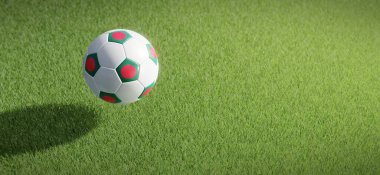 Futbol ya da futbol topu tasarımı Bangladeş bayrağıyla çimen zeminine karşı. 3B görüntüleme