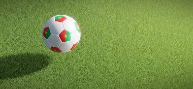 Futbol ya da futbol topu tasarımı Burkina Faso bayrağıyla çimen zeminine karşı. 3B görüntüleme
