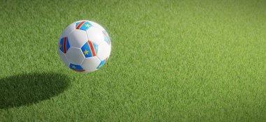 Kongo Demokratik Cumhuriyeti bayraklı futbol ya da futbol topu tasarımı çimen zeminine karşı. 3B görüntüleme