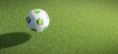 Futbol ya da futbol topu tasarımı Gabon bayrağıyla çimen zeminine karşı. 3B görüntüleme