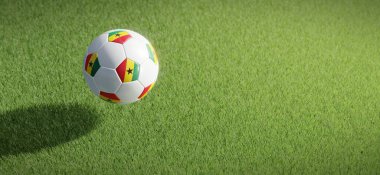 Futbol ya da futbol topu tasarımı Gana bayrağıyla çimen zeminine karşı. 3B görüntüleme