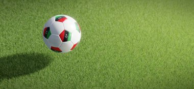 Futbol ya da Libya bayrağı taşıyan futbol topu tasarımı çimen zeminine karşı. 3B görüntüleme