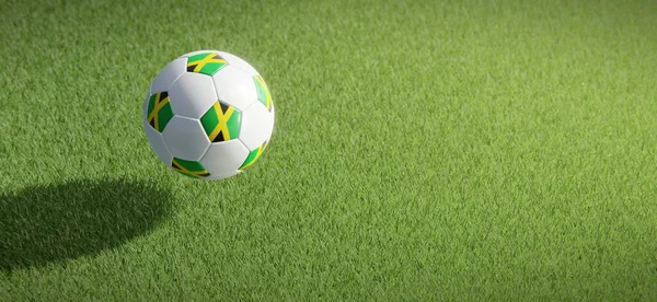 Jamaika bayraklı futbol ya da futbol topu tasarımı çimen zeminine karşı. 3B görüntüleme