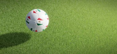 Futbol ya da futbol topu tasarımıyla Meksika bayrağı çimen zeminine karşı. 3B görüntüleme