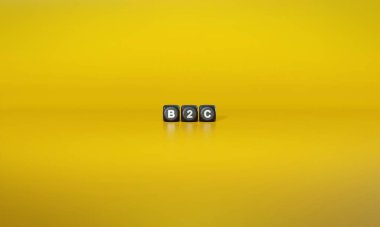 Kıtlık B2C ya da İşletmeden Tüketiciye beyaz metinde düz sarı arkaplana karşı koyu tahta bloklar üzerinde yazılıyor