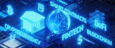 Modern finansal teknoloji kavramlarının Isometric illüstrasyonu. 3B görüntüleme