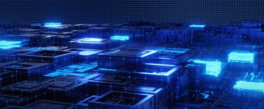 Siber uzayda veri blokları kavramına sahip soyut teknoloji arka planı. 3B görüntüleme