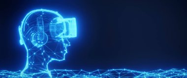 VR kulaklık takan insan kafasının hologramı. Metaverse ve artırılmış gerçeklik kavramı. 3B görüntüleme