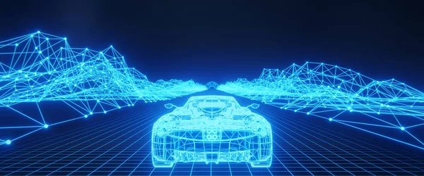 Virtual futuristic car racing along information superhighway. Conceptual technology background. 3D rendering