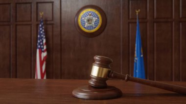 Amerikan bayrağı, eyalet mührü ve Oklahoma bayrağıyla mahkeme sahnesi. 3d oluşturma