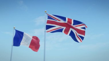 Fransa ve İngiltere bayrakları mavi gökyüzü zeminine karşı. 3d oluşturma
