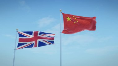 İngiltere ve Çin 'in bayrakları mavi gökyüzü zeminine karşı. 3d oluşturma