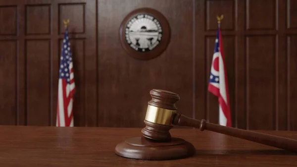 Courtroom scene with US flag and state seal and flag of the state of Ohio. 3d rendering