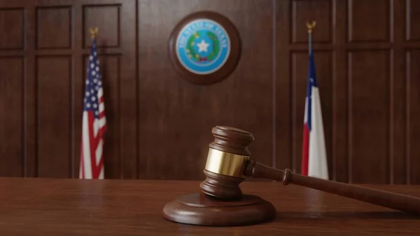 法庭现场有美国国旗 州印章和得克萨斯州的国旗 3D渲染 — 图库照片