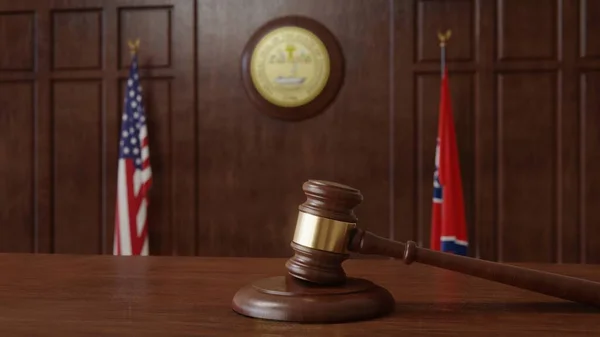 Courtroom scene with US flag and state seal and flag of the state of Tennessee. 3d rendering