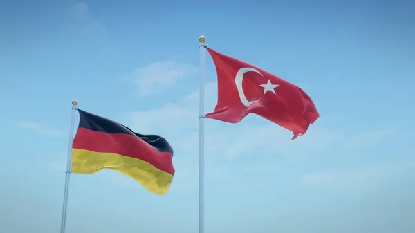 Flaggen Von Deutschland Und Der Türkei Vor Blauem Himmel Darstellung — Stockfoto