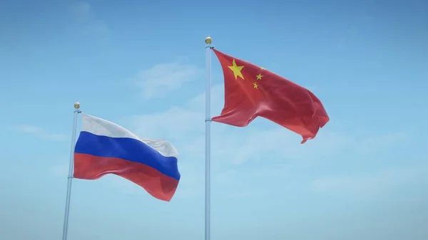 Флаги России Китая Фоне Голубого Неба Рендеринг — стоковое фото
