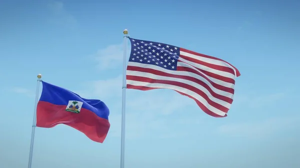 在蓝天的背景下 海地和美国的国旗 3D渲染 — 图库照片