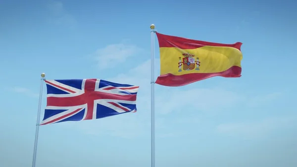 Flagi Wielkiej Brytanii Hiszpanii Tle Błękitnego Nieba Renderowanie — Zdjęcie stockowe