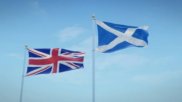 Bandeiras Reino Unido Escócia Contra Cenário Céu Azul Renderização — Fotografia de Stock
