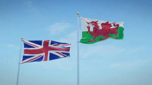 Vlajky Spojeného Království Walesu Pozadí Modré Oblohy Vykreslování — Stock fotografie