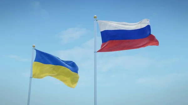 Flaggor Ukraina Och Ryssland Mot Blå Himmel Bakgrund Konvertering — Stockfoto