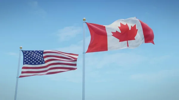 蓝天背景下的美国和加拿大国旗 3D渲染 — 图库照片